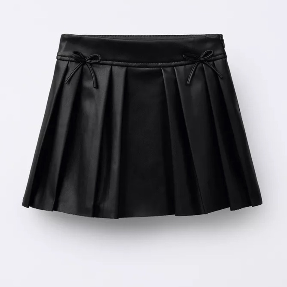 Zara KIDS Black Faux Leather Box Pleat Skirt w/ Ties